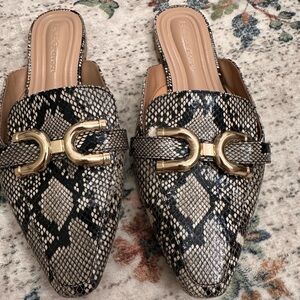 BCBGeneration Black and tan snakeskin print Mules
